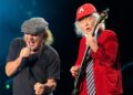 Brian Johnson, left, and Angus Young of AC/DC performs on Friday, April 18, 2025, at Rose Bowl Stadium in Pasadena, Calif.