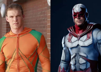 Side-by-side promo pictures of Alan Ritchson's versions of Aquaman from Smallville and Hawk from Titans.