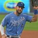 Sep 26, 2020; Kansas City, Missouri, USA;  Kansas City Royals left fielder Alex Gordon (4) waves to family and friends in the press box during the first inning against the Detroit Tigers at Kauffman Stadium. Mandatory Credit: Peter Aiken-Imagn Images