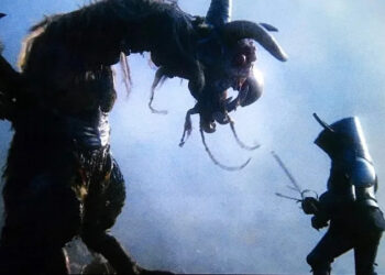 Michael Palin as Dennis Cooper does battle with a winged monster in Jabberwocky