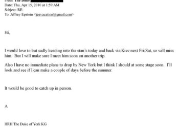An email from "The Duke" to Jeffrey Epstein discussing travel plans and a desire to meet up in person.