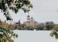 Old Main in winter snow.