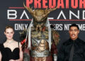 Elle Fanning and Dimitrius Schuster-Koloamatangi attend the World Premiere of 20th Century Studios "Predator: Badlands" at TCL Chinese Theatre on November 03, 2025 in Hollywood, California. (Frazer Harrison/WireImage)