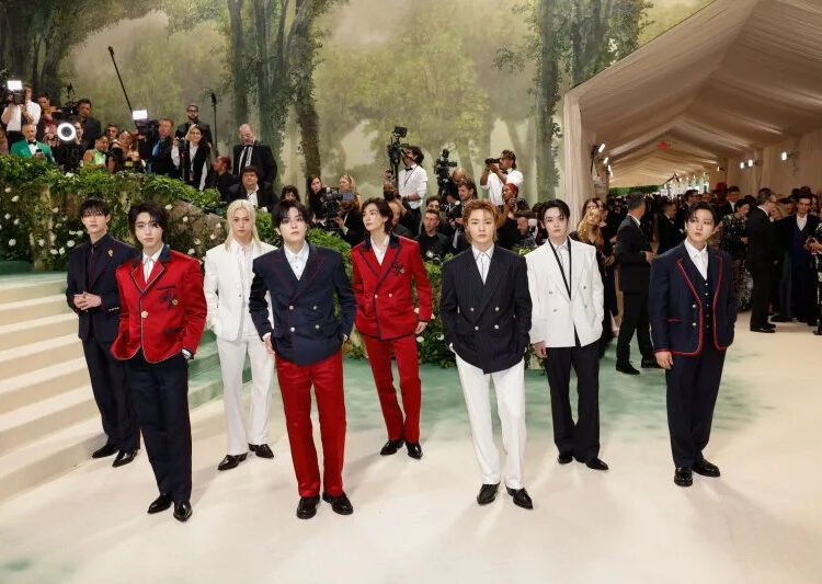 Bang Chan, Han, Felix, Seungmin, Hyunjin, I.N, Lee Know and Changbin of Stray Kids arrive on the red carpet at the Met Gala in 2024. File Photo by John Angelillo/UPI