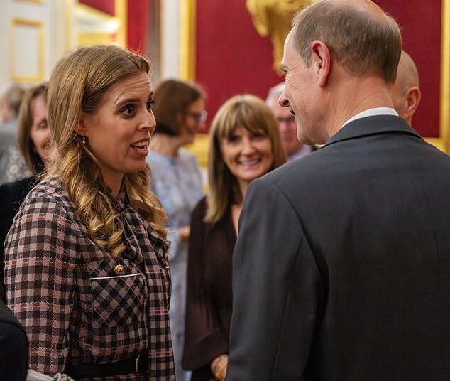 Princess Beatrice pictured accepting her role as deputy patron of The Outward Bound Trust with her uncle Prince Edward at a reception and dinner at St James's Palace on Thursday