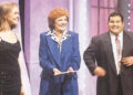 Jenni Falconer, presenter Cilla Black and Donda Michaelas standing on the Blind Date studio set in 1994