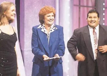 Jenni Falconer, presenter Cilla Black and Donda Michaelas standing on the Blind Date studio set in 1994