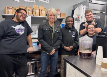 Jon Bon Jovi visited student crew members at the Bombers Beyond Cafe on Main Street in Sayreville on Nov. 10.