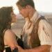Brendan Fraser as Rick O'Connell and Rachel Weisz as Evelyn Carnahan leaning in for a kiss in the middle of the desert in The Mummy