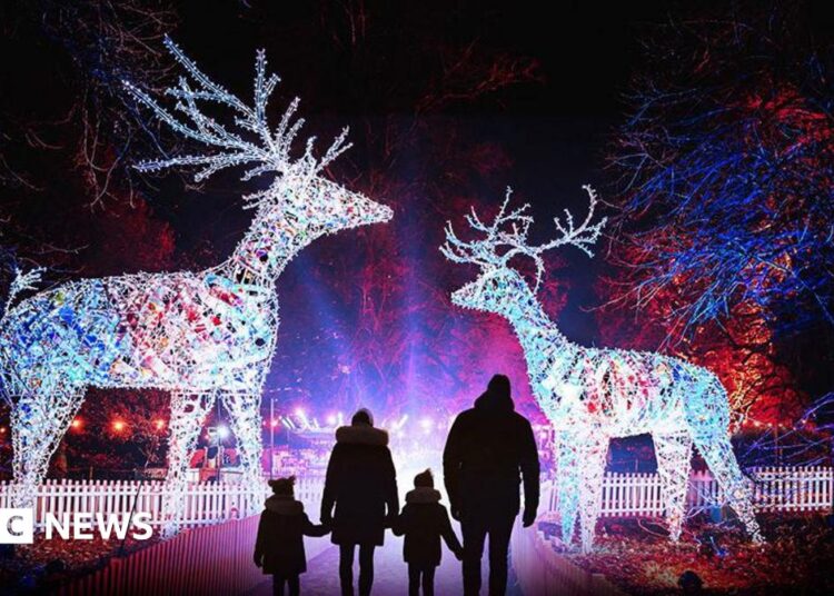 A family of four with warm coats and hats stand in front of a pair of giant white illuminated reindeers in the grounds of Dunham Massey with orange and blue lights and spotlights on lighting up trees behind them.
