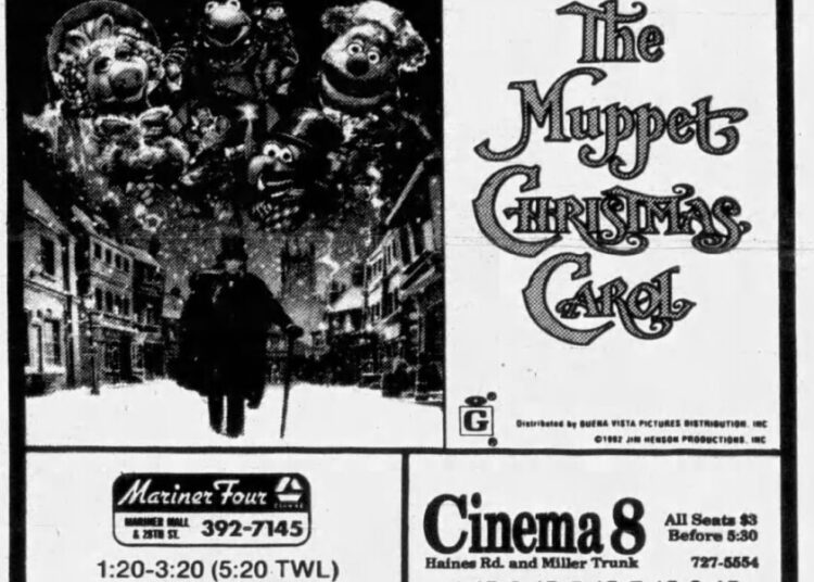 Newspaper advertisement for "The Muppet Christmas Carol," playing at the Mariner Four and Cinema 8 theaters. Advertisement features image of man in Victorian garb walking down city street, with eclectic puppet characters seen in a group above.