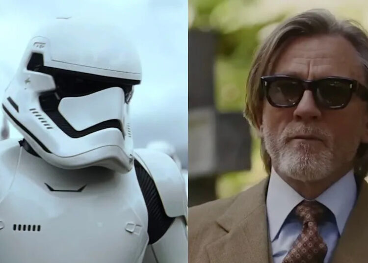 A stormtrooper in Star Wars: The Force Awakens, Daniel Craig with a beard and in a suit and sunglasses in Wake Up Dead Man. .