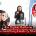 A collage showing celebrities and influencers at public events, symbolizing how digital platforms and social media are redefining modern celebrity status.