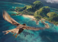 A bird flying over an island in the live-action Moana