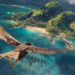 A bird flying over an island in the live-action Moana