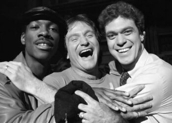 Eddie Murphy, left, and Robin Williams, middle, with Joe Piscopo, right, on a 1984 “Saturday Night Live” episode.