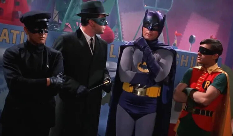 Kato, The Green Hornet, Batman, and Robin in a kooky villain's lair on Batman
