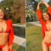 Elizabeth Hurley wearing a red bikini and cover up