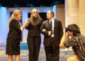 Rachel Raska-Selle, left, Myah Englebrecht, Zach Rivers and Collin Szymanski rehearse a scene for Elkhart Civic Theatre's production of the Stephen Sondheim musical "Merrily We Roll Along," which opens Nov. 14 and continues through Nov. 23, 2025, at the Bristol Opera House.
