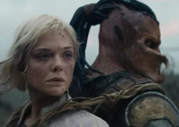 Elle Fanning and Dimitrius Schuster-Koloamatangi in the Predator: Badlands trailer.