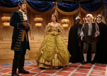 Ben Marshall, host Nikki Glaser and Andrew Dismukes during the "Mr. Beast" sketch on "Saturday Night Live" Nov. 8.