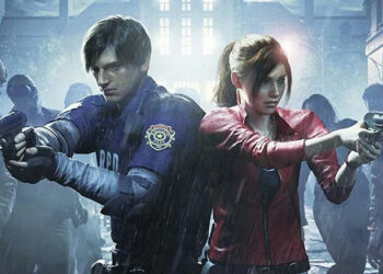 Nick Apostolides as the voice of Leon Kennedy and Stephanie Panisello as Claire Redfield brandishing guns surrounded by zombies in Resident Evil 2