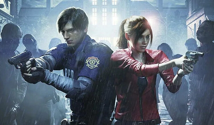 Nick Apostolides as the voice of Leon Kennedy and Stephanie Panisello as Claire Redfield brandishing guns surrounded by zombies in Resident Evil 2