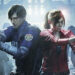 Nick Apostolides as the voice of Leon Kennedy and Stephanie Panisello as Claire Redfield brandishing guns surrounded by zombies in Resident Evil 2