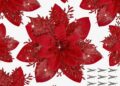 15 Pcs Poinsettia Flower Artificial Poinsettia With Clips Christmas Decor Glitter Poinsettia Christmas Ornaments Christmas Tree Flower Decorations With Stems Diy Xmas Wreath Holiday Home Party Decor