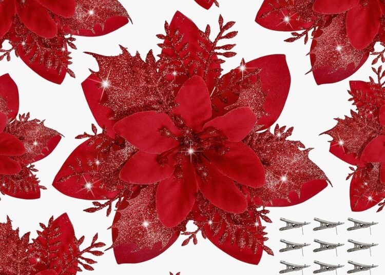 15 Pcs Poinsettia Flower Artificial Poinsettia With Clips Christmas Decor Glitter Poinsettia Christmas Ornaments Christmas Tree Flower Decorations With Stems Diy Xmas Wreath Holiday Home Party Decor