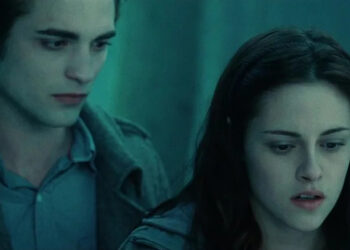 Edward looking down toward Bella in Twilight