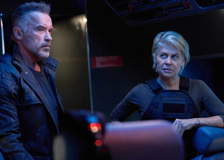 linda hamilton and arnold schwarzenegger in a scene from terminator dark fate