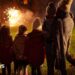 Adults and children wearing hats and scarves standing on a lawned area in the dark watching fireworks