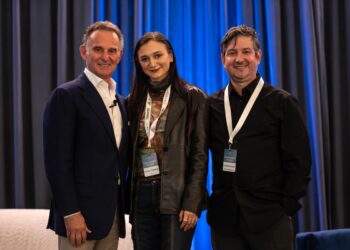 Charles Goldstuck (left), recording artist Daya (center), and David Conway (right), president of Hard 8 Working Group & Daya’s manager, at the GoldState Conversations in Music conference hosted at Pier Sixty-Six in Fort Lauderdale, Florida, (Credit: Hugo Juice Gonzalez)