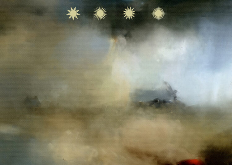 A hazy landscape filled with drifting clouds in muted browns, grays, and blues. Four sun icons line up near the top, each slightly different in shape. A faint hint of red appears in the lower corner.