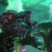 Stripe holding a gun with murderous intent and standing behind a fountain in Gremlins