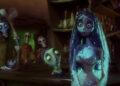 Emily in a wedding dress, in a bar full of dead people in Corpse Bride