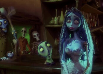 Emily in a wedding dress, in a bar full of dead people in Corpse Bride