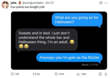 Screenshot of a tweet with a humorous text exchange about avoiding Halloween activities by staying in bed and dressing as "The Rizzler"