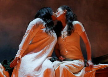 Mikaela Bennett (Richardis), (left) and Nola Richardson (HildegardO) embrace in Sarah Kirkland Snider's "Hildegard."
