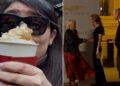 Woman holding cup of creamy hot chocolate on the left and Prince William and Princess Kate on the right
