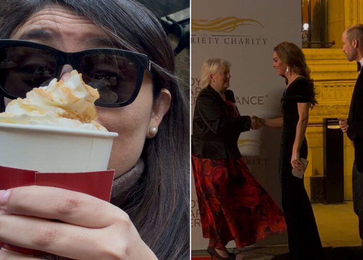 Woman holding cup of creamy hot chocolate on the left and Prince William and Princess Kate on the right