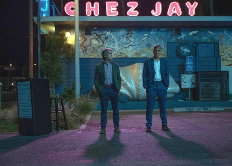 Former drama school friends Timothy (Billy Crudup, left) and Jay (George Clooney) have a tense confrontation in the Netflix meta dramedy "Jay Kelly."