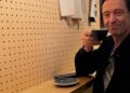 Hugh Jackman enjoying a coffee at the Le Peleton Cafe.