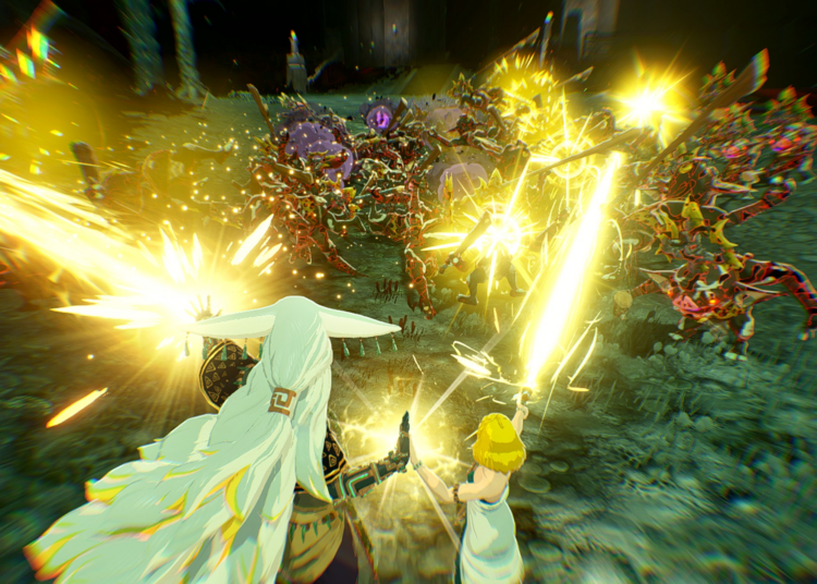Screenshot from Hyrule Warriors: Age of Imprisonment featuring Princess Zelda and King Rauru shooting beams of light from their hands in a sync strike.