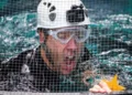 James Gourley/ITV/Shutterstock Matt Hancock in a water tank with a helpet and goggles and his mouth open, holding a yellow star
