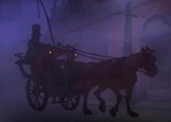 Fog obscures everything but the outline of a carriage in Great Mouse Detective.