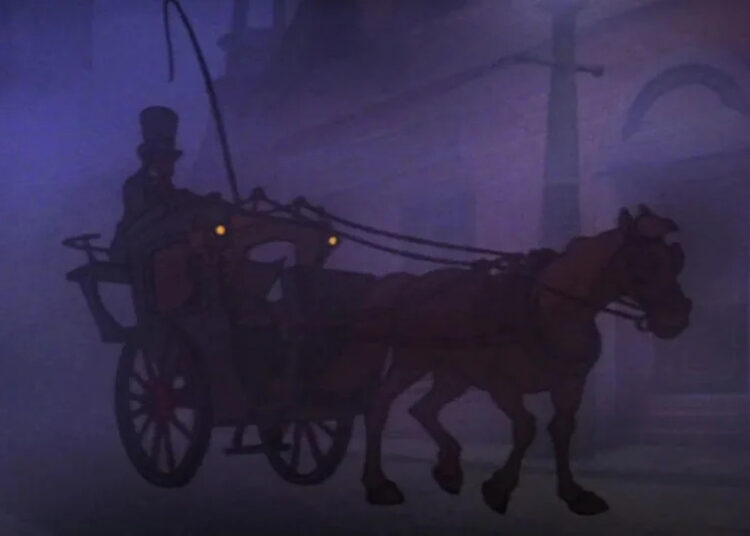 Fog obscures everything but the outline of a carriage in Great Mouse Detective.