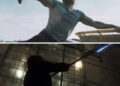 Collage of scenes depicting a muscular male character in various action poses and a dramatic setting; he appears determined and intense