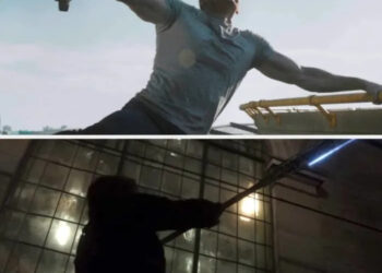 Collage of scenes depicting a muscular male character in various action poses and a dramatic setting; he appears determined and intense